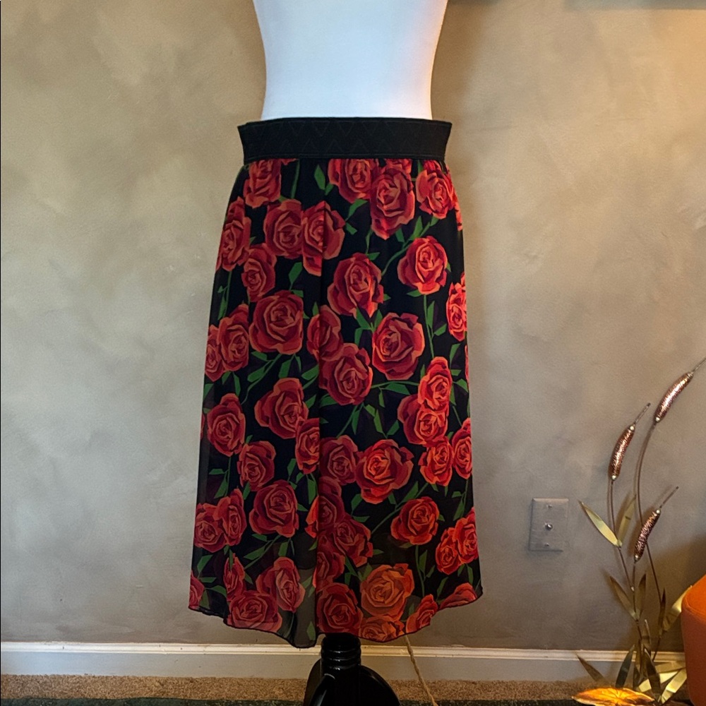 LuLaRoe Black Midi Skirt with Red Rose and Green Leaf Print
